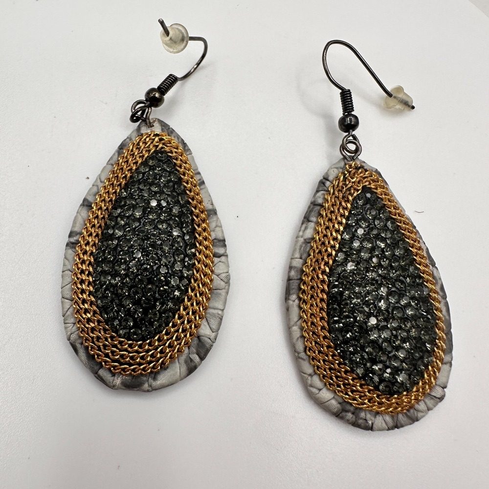 Vintage 90s Black Rhinestone Teardrop Earrings Gold Tone Women's Jewelry